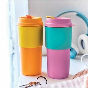 Tupperware Eco To Go Travel Cup Tumbler Set 2x New in Package Pink Orange